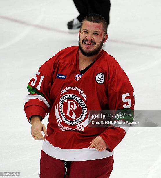 Jon Mirasty of the Vityaz after first fight during the game between Barys and Vityaz during the KHL Championship 2011/2012 on November 30, 2011 at...