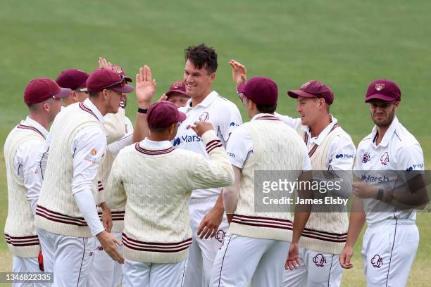 James Bazley of the Queensland Bulls celebraters the wicket of Alex Carey of the South Australian Redbacks during day two of the Sheffield Shield...