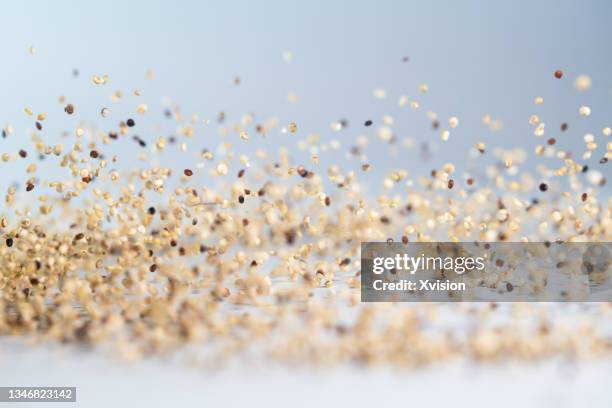 quinoa seed flying in mid air in white background - quinoa stock-fotos und bilder