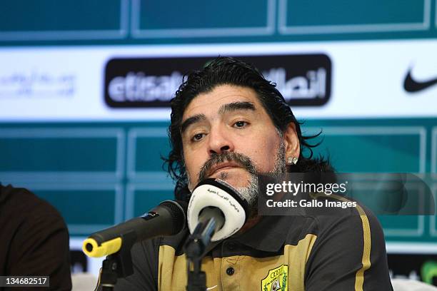 Al Wasl manager, Diego Maradona attends a press conference after the Etisalat League match between Al Wasl and Al Shabab at Zabeel Stadium on...