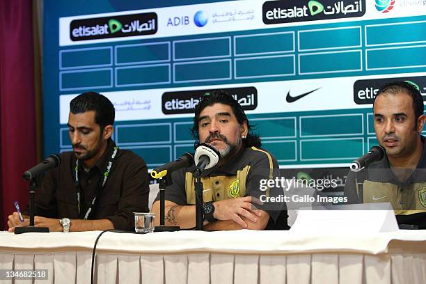 Al Wasl manager, Diego Maradona attends a press conference after the Etisalat League match between Al Wasl and Al Shabab at Zabeel Stadium on...