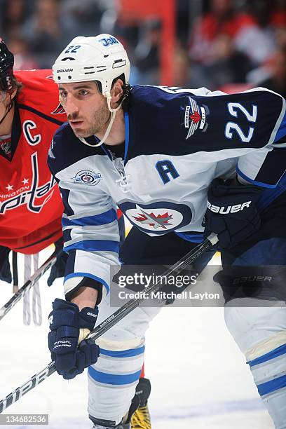 Chris Thorburn of the Winnipeg Jets looks on during a NHL hockey game against the Washington Capitals on November 23, 2011 at the Verizon Center in...