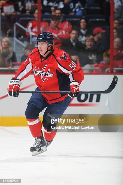 Cody Eakin of the Washington Capitals looks on during a NHL hockey game against the Winnipeg Jets on November 23, 2011 at the Verizon Center in...