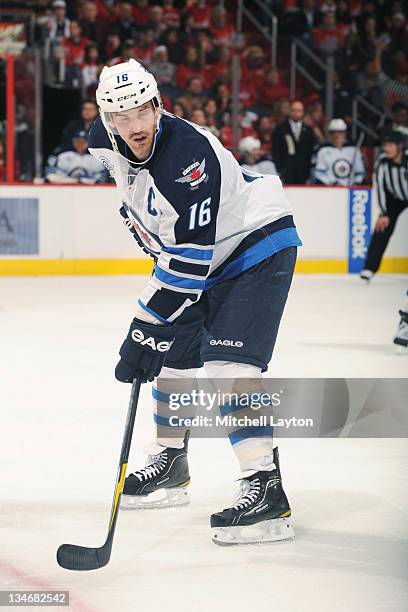 ANdrew Ladd of the Winnipeg Jets looks on during a NHL hockey game against the Washington Capitals on November 23, 2011 at the Verizon Center in...