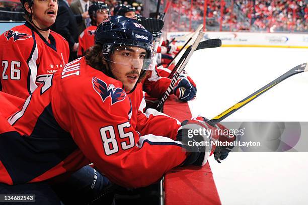 Mattieu Perreault of the Washington Capitals looks on during a NHL hockey game against the Winnipeg Jets on November 23, 2011 at the Verizon Center...