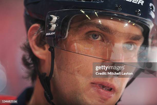 Alex Ovechkin of the Washington Capitals looks on during a NHL hockey game against the Winnipeg Jets on November 23, 2011 at the Verizon Center in...