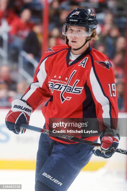 Nicklas Backstrom of the Washington Capitals looks on during a NHL hockey game against the Winnipeg Jets on November 23, 2011 at the Verizon Center...