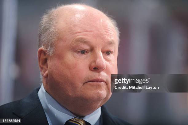 Head coach Bruce Boudreau of the Washington Capitals looks on during a NHL hockey game against the Winnipeg Jets on November 23, 2011 at the Verizon...