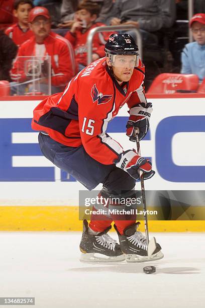 Jeff Halpern of the Washington Capitals skates with the puck during a NHL hockey game against the Winnipeg Jets on November 23, 2011 at the Verizon...