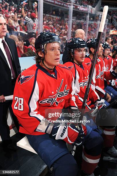 Alexander Semin of the Washington Capitals looks on during a NHL hockey game against the Winnipeg Jets on November 23, 2011 at the Verizon Center in...