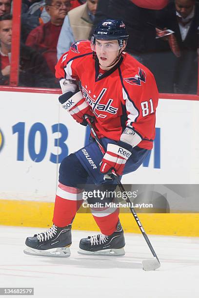 Dmitry Orlov of the Washington Capitals skates with the puck during a NHL hockey game against the Winnipeg Jets on November 23, 2011 at the Verizon...