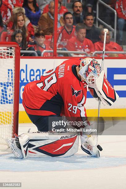 Tomas Vokoun of the Washington Capitals makes a save during a NHL hockey game against the Winnipeg Jets on November 23, 2011 at the Verizon Center in...