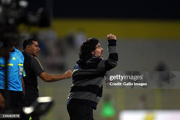 Al Wasl manager, Diego Maradona reacts during the Etisalat League match between Al Wasl and Al Shabab at Zabeel Stadium on December 03, 2011 in...