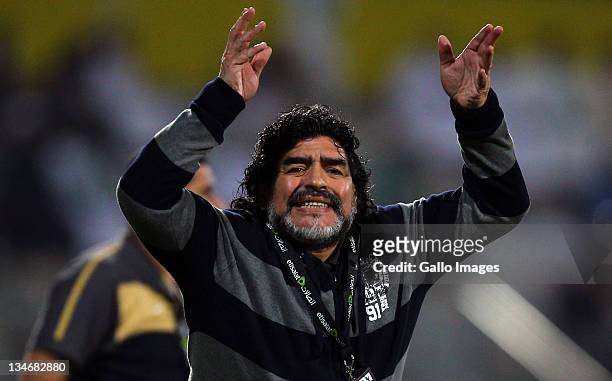 Al Wasl manager, Diego Maradona reacts during the Etisalat League match between Al Wasl and Al Shabab at Zabeel Stadium on December 03, 2011 in...