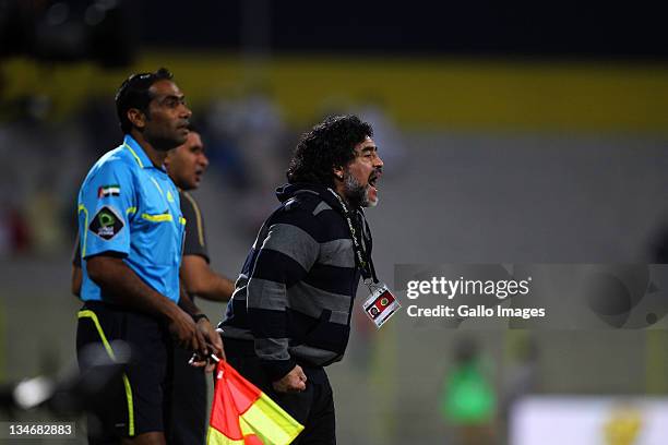 Al Wasl manager, Diego Maradona reacts during the Etisalat League match between Al Wasl and Al Shabab at Zabeel Stadium on December 03, 2011 in...