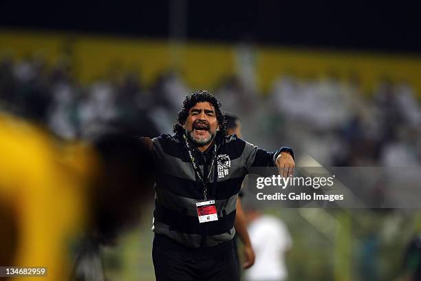 Al Wasl manager, Diego Maradona looks on during the Etisalat League match between Al Wasl and Al Shabab at Zabeel Stadium on December 03, 2011 in...