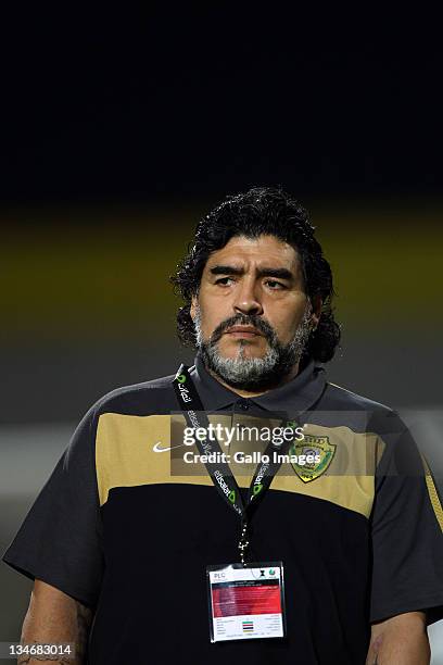 Al Wasl manager, Diego Maradona looks on during the Etisalat League match between Al Wasl and Al Shabab at Zabeel Stadium on December 03, 2011 in...