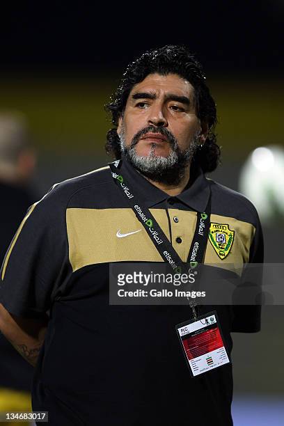 Al Wasl manager, Diego Maradona looks on during the Etisalat League match between Al Wasl and Al Shabab at Zabeel Stadium on December 03, 2011 in...