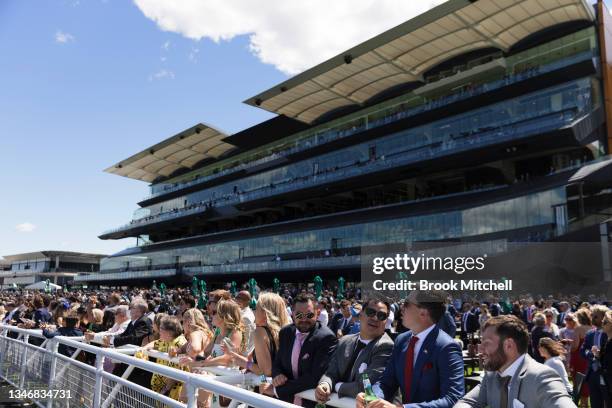 Crowds gather for the Everest race day at Royal Randwick Racecourse on October 16, 2021 in Sydney, Australia. The Everest race day is the largest...
