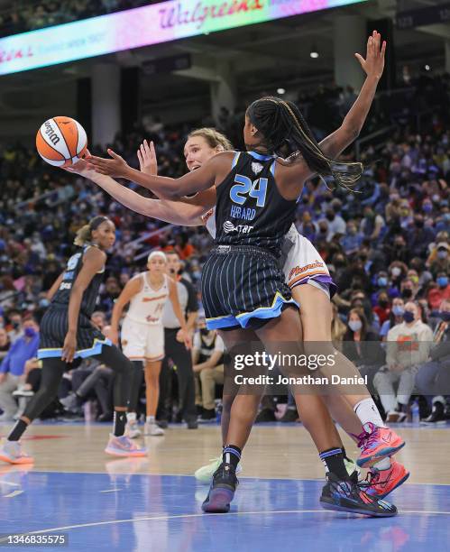 Alanna Smith of the Phoenix Mercury tries to pass around Ruthy Hebard of the Chicago Sky during Game Three of the 2021 WNBA Finals at Wintrust Arena...