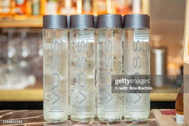 Voss water is served during dinner with Rocco DiSpirito, Angie Rito and Scott Tacinelli at Don Angie on October 15, 2021 in New York City.