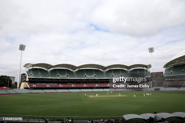 General view of play during day two of the Sheffield Shield match between South Australia and Queensland at Adelaide Oval, on October 16 in Adelaide,...