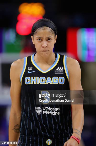 Candace Parker of the Chicago Sky reacts as she walks down the court after a foul call against the Phoenix Mercury during Game Three of the 2021 WNBA...