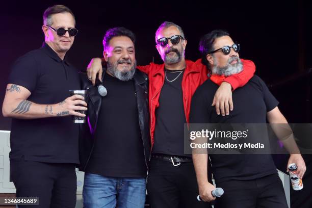 Randy Ebright, Paco Ayala, Tito Fuentes, Micky Huidobro of Molotov band pose for photo during the presentation of the new beverage 'Fitzer-Molotov at...