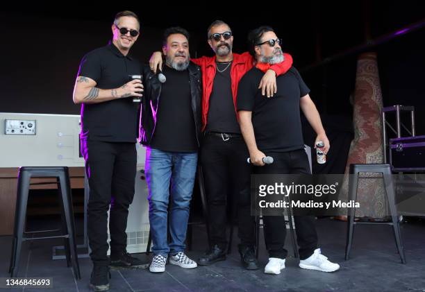 Randy Ebright, Paco Ayala, Tito Fuentes, Micky Huidobro of Molotov band pose for photo during the presentation of the new beverage 'Fitzer-Molotov at...