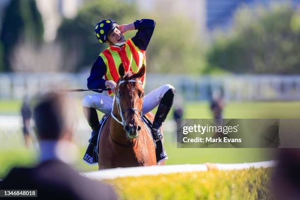 James McDonald on Nature Strip reacts after winning race 7 The Tab Everest during Everest Day at Royal Randwick Racecourse on October 16, 2021 in...