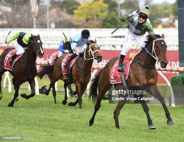 Brett Prebble riding Incentivise winning Race 9, the Carlton Draught Caulfield Cup, during Caulfield Cup Day at Caulfield Racecourse on October 16,...