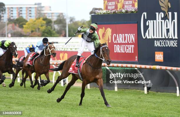 Brett Prebble riding Incentivise winning Race 9, the Carlton Draught Caulfield Cup, during Caulfield Cup Day at Caulfield Racecourse on October 16,...