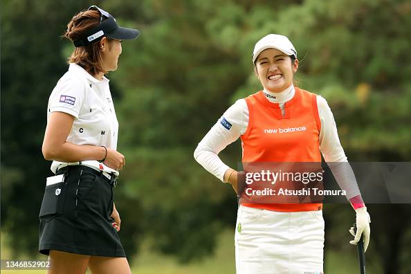 Erika Inami Erika Hara and Mone Inami of Japan share a laugh on the 6th green ...