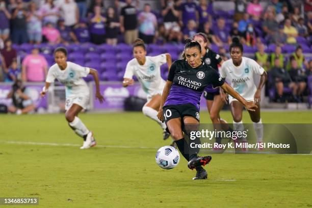 Marta of the Orlando Pride takes a penalty kick during a game between NJ/NY Gotham City FC and Orlando Pride at Exploria Stadium on October 9, 2021...
