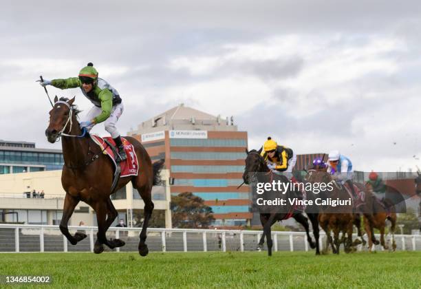 Brett Prebble riding Incentivise winning Race 9, the Carlton Draught Caulfield Cup, during Caulfield Cup Day at Caulfield Racecourse on October 16,...