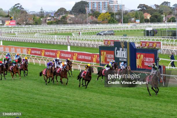 Brett Prebble riding Incentivise winning Race 9, the Carlton Draught Caulfield Cup, during Caulfield Cup Day at Caulfield Racecourse on October 16,...