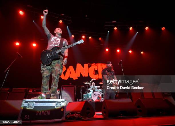 Lars Frederiksen, drummer Branden Steineckert and Tim Armstrong of Rancid perform during the Boston To Berkeley II tour at The Theater at Virgin...