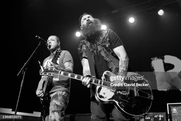 Lars Frederiksen and Tim Armstrong of Rancid perform during the Boston To Berkeley II tour at The Theater at Virgin Hotels Las Vegas on October 15,...
