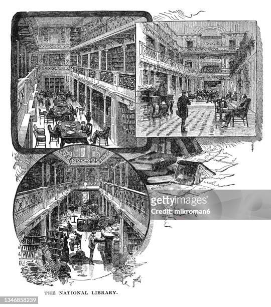 old engraved illustration of the national library, the library of congress inside the capitol building, washington dc - library of congress stock pictures, royalty-free photos & images