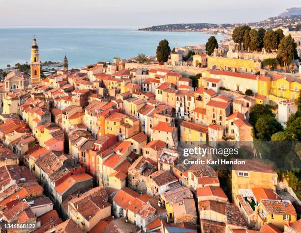 a aerial sunrise view of menton, france -  stock photo - 車海老料理 個照片及圖片檔