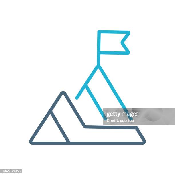 flaf on the mountain top - line icon. vector stock illustration - mountain peak with flag stock illustrations