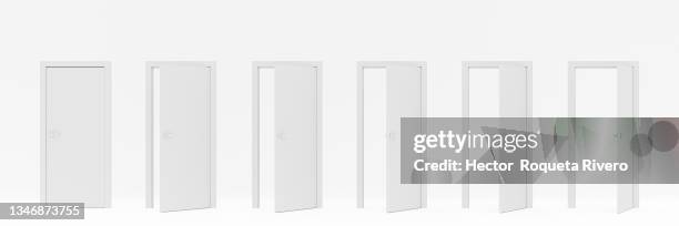 3d illustration of many white doors closing on white background - abierto fotografías e imágenes de stock