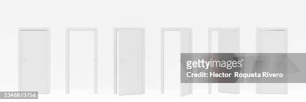 3d illustration of many white doors closing on white background - closing stockfoto's en -beelden