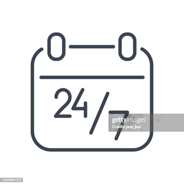 ilustrações de stock, clip art, desenhos animados e ícones de calendar 24/7 around the clock - line icon. vector stock illustration - aberto 24 horas