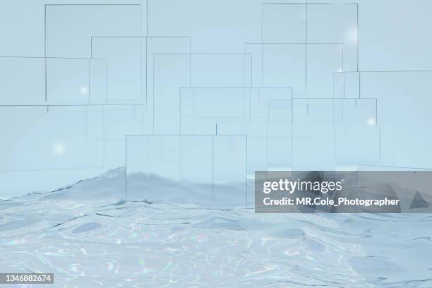 3d rendered ocean floor with glass wall , platforms for product presentation, mock up background - 3d rendered glass stockfoto's en -beelden