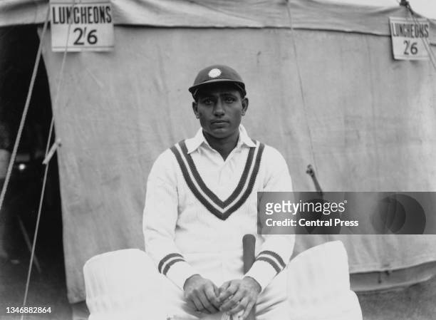 Portrait of Lala Amarnath from India, right-arm medium pace bowler and right-handed batsman for the touring Indian Cricket Team circa April 1936 in...