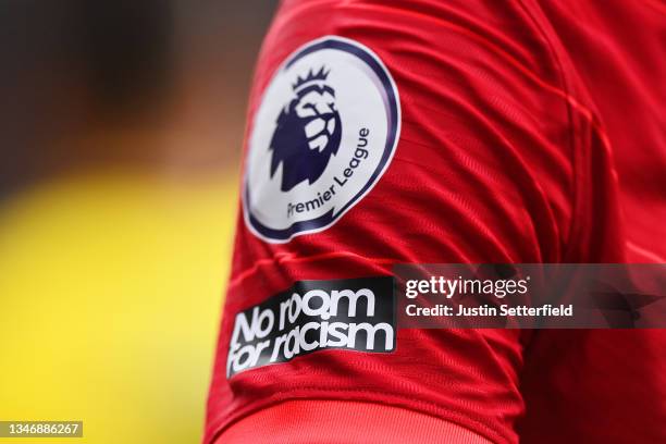 Detailed view of "The No Room for Racism" logo on the match kit during the Premier League match between Watford and Liverpool at Vicarage Road on...