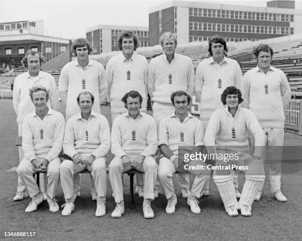 The England cricket team pose for a team photograph before the 1st Test match between England and India, Keith Fletcher, Chris Old, Bob Willis, Tony...