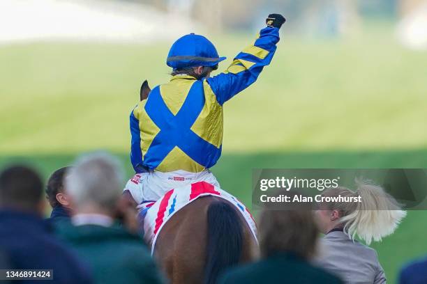 Hollie Doyle riding Trueshan celebrate winning The Qipco British Champions Long Distance Cup during the Qipco British Champions Day at Ascot...