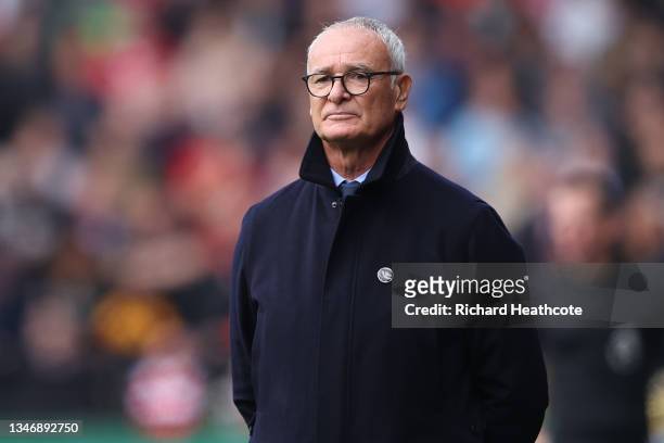 Claudio Ranieri, Manager of Watford FC reacts during the Premier League match between Watford and Liverpool at Vicarage Road on October 16, 2021 in...